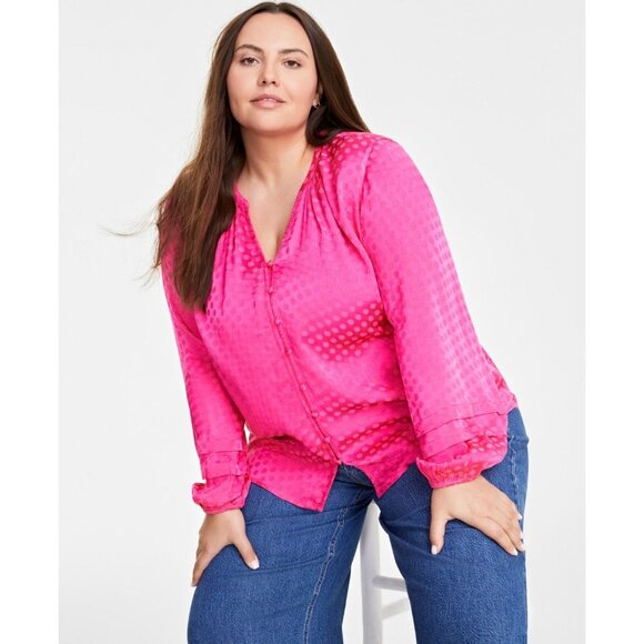 On 34th Womens Trendy Plus V Neck Long Sleeve Pintuck Blouse Fuchsia Size 3X NWT - Picture 3 of 5